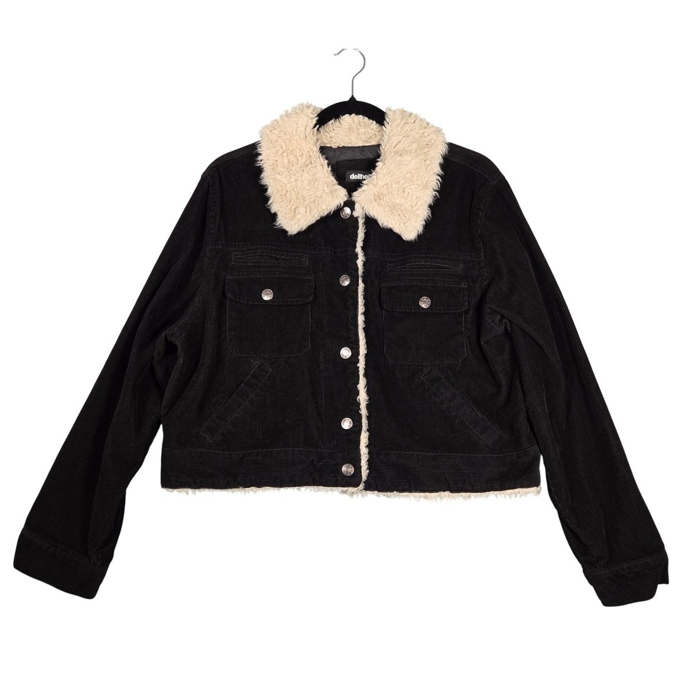 Dollhouse Y2K Corduroy Faux Fur Trim Trucker Jacket Cropped Women 1X Black Plus